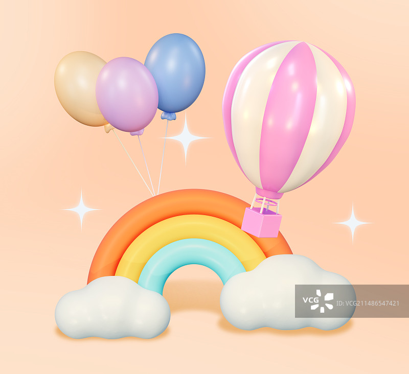云朵上的彩虹3D卡通可爱背景装饰物插画图片素材
