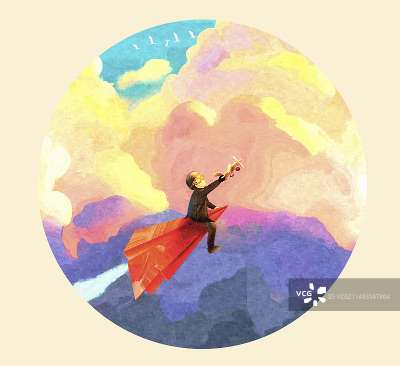 手绘梦幻坐纸飞机儿童飞行梦想插画图片素材