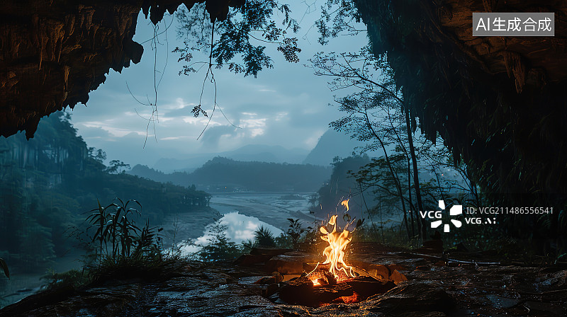 【AI数字艺术】森林篝火的高角度视图图片素材