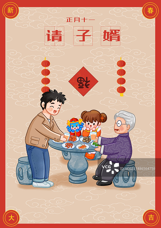春节习俗18-初十一请子婿海报图片素材