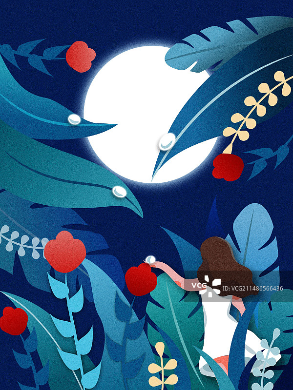 扁平风夜晚白露少女图片素材