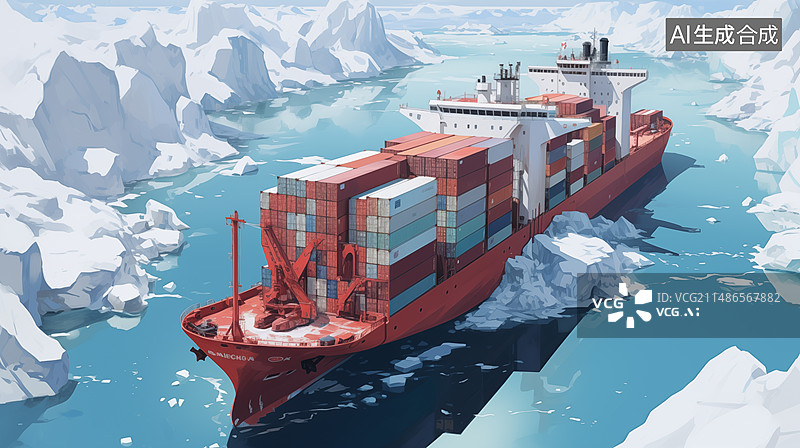 【AI数字艺术】冬季满载货物的轮船在海上行驶图片素材