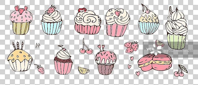 奶油纸杯蛋糕和马卡龙涂鸦图片素材