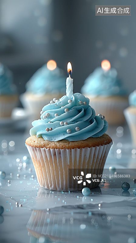 【AI数字艺术】桌子上的纸杯蛋糕和蜡烛的特写镜头图片素材
