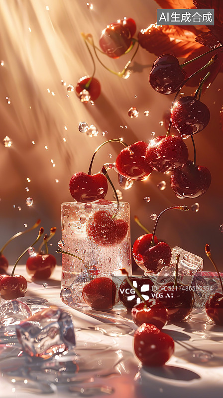 【AI数字艺术】玻璃杯中的樱桃图片素材