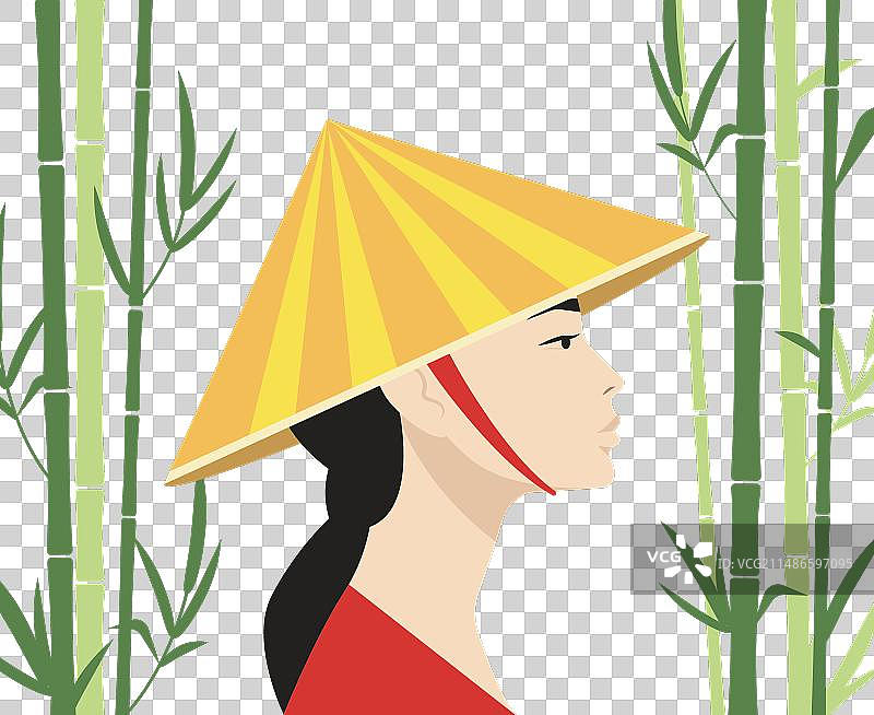 戴帽子的亚洲女孩在竹林里图片素材