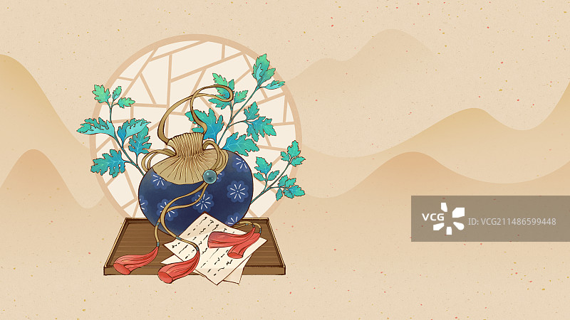 手绘中国风新中式风格端午香包艾草艾叶艾蒿插画图片素材