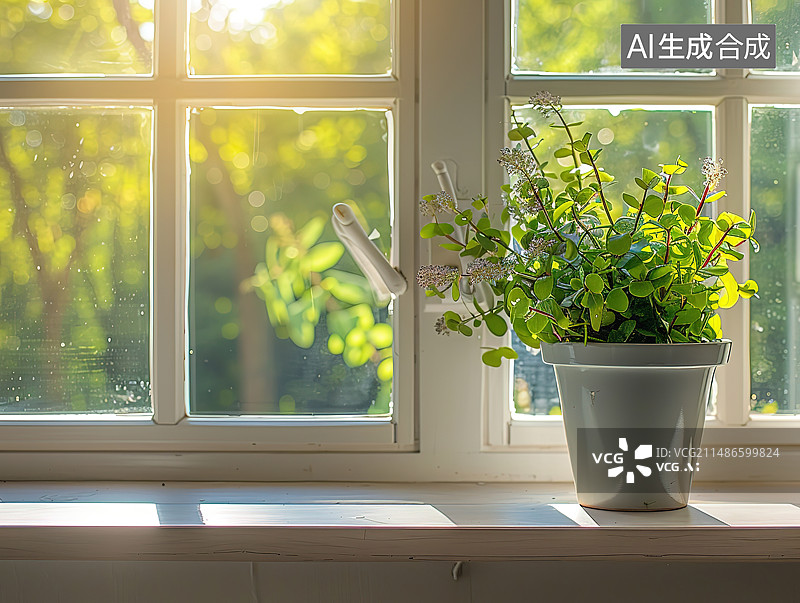 【AI数字艺术】家里窗台上盆栽植物的特写镜头图片素材