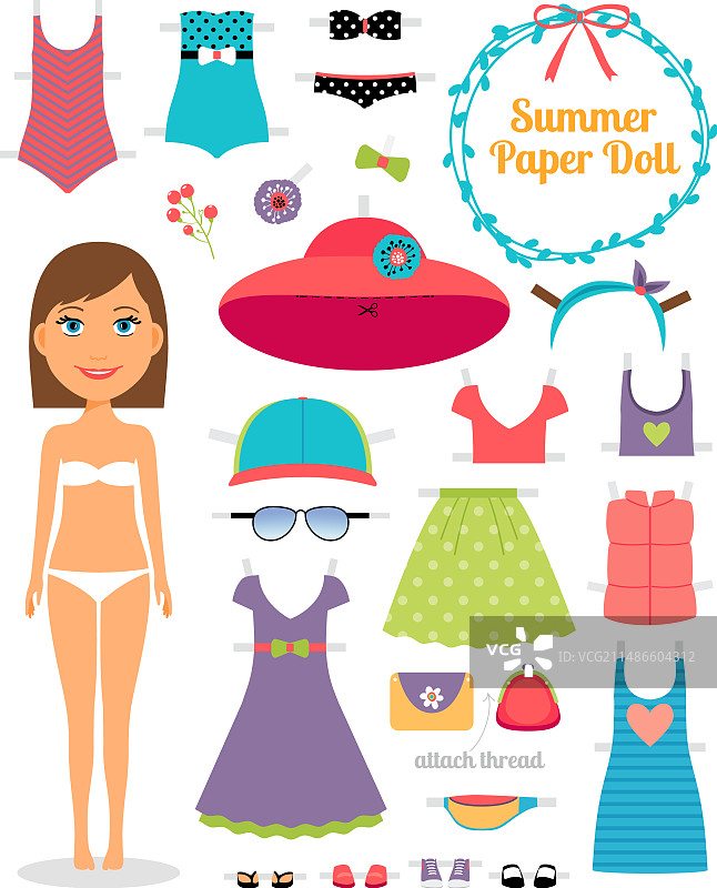 夏季纸娃娃女孩，带裙子和帽子图片素材