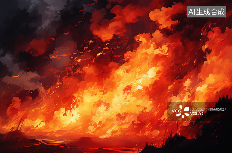 【AI数字艺术】橙色天空下树木轮廓的低角度视图图片素材