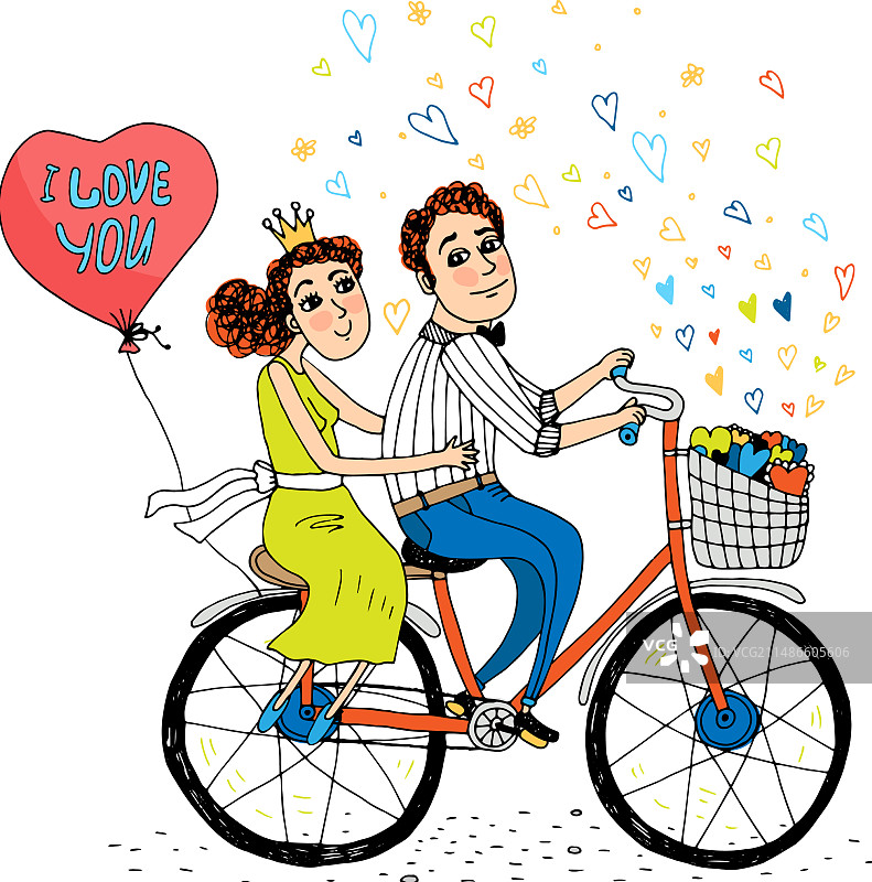 一对年轻情侣骑着双人自行车图片素材