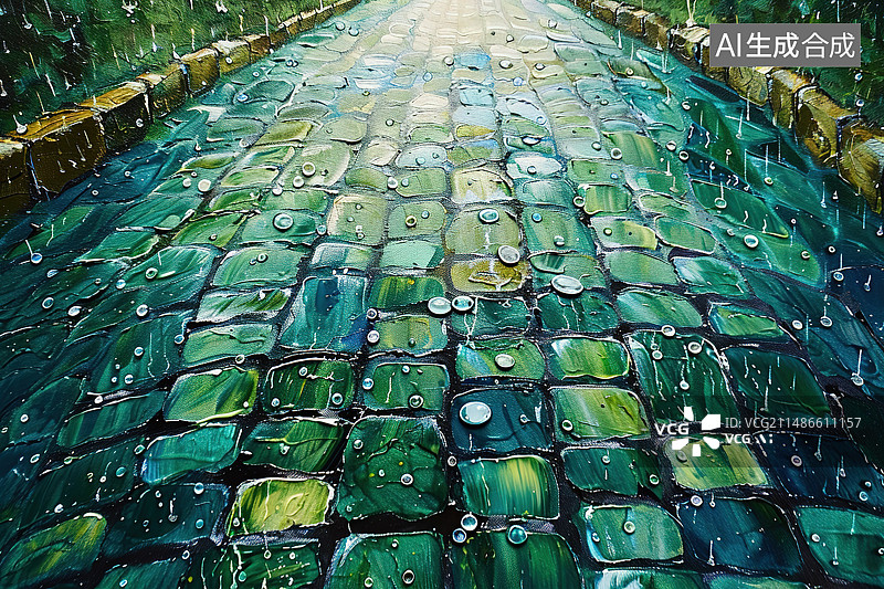 【AI数字艺术】雨季湿步道全帧拍摄图片素材