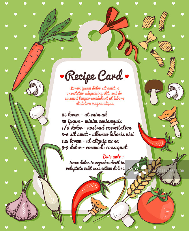新鲜蔬菜和意大利面食谱卡片图片素材