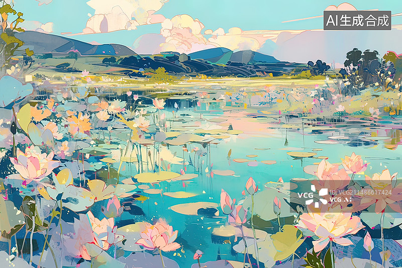 【AI数字艺术】夏天荷花池水彩画图片素材