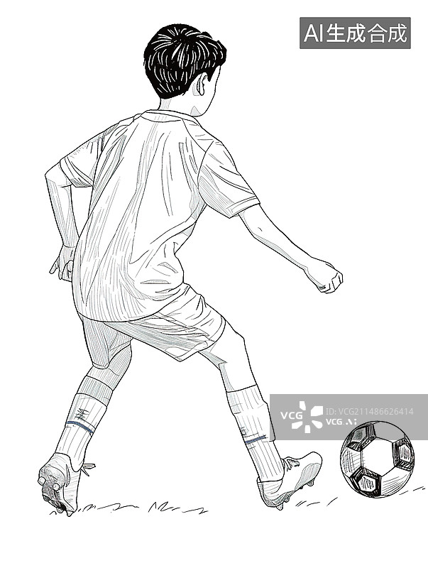 【AI数字艺术】男生在踢足球插画线稿风格图片素材