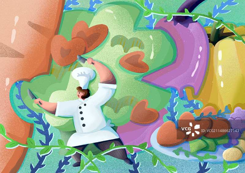 厨师在蔬菜中挥刀图片素材