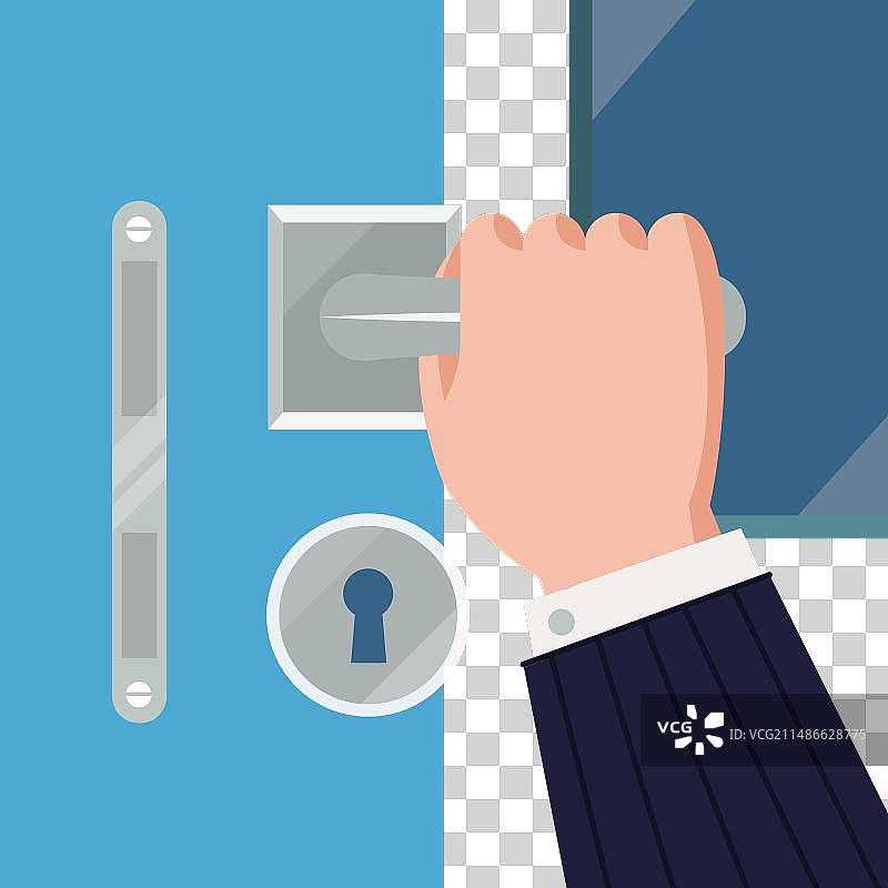 男人手握金属把手开关门图片素材