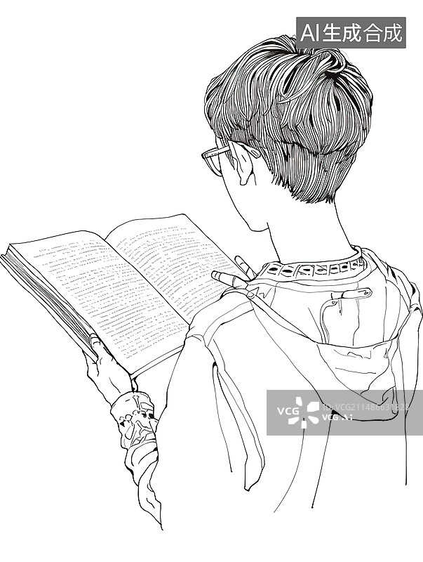 【AI数字艺术】学生阅读素描插画图片素材