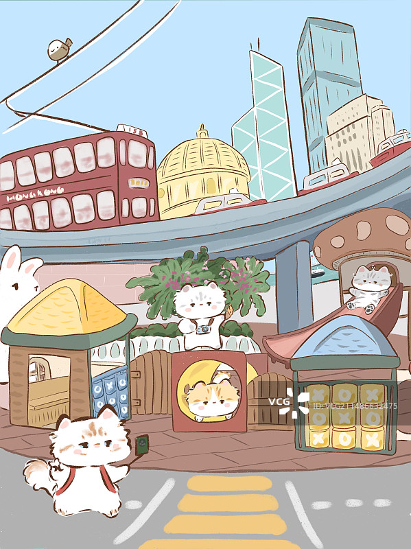 可爱的手绘插画猫猫游香港图片素材