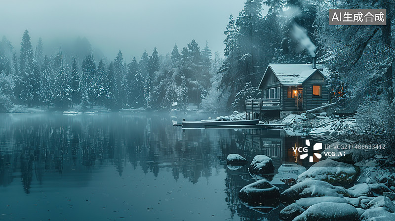 【AI数字艺术】冬季森林湖畔房屋景观图片素材