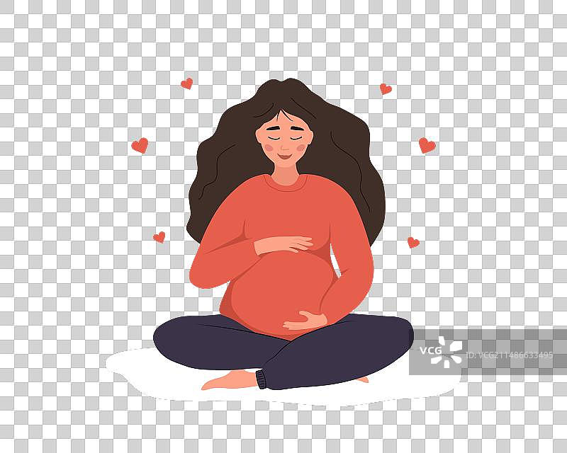 孕妇呈莲花坐姿，拥抱腹部图片素材