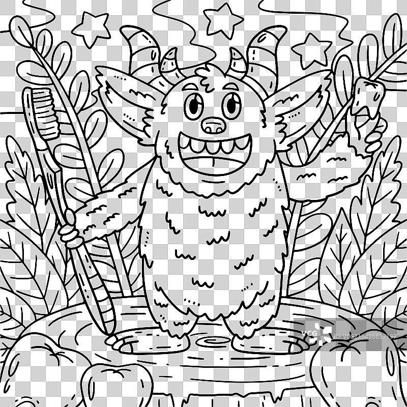 儿童牙科护理怪物填色页图片素材