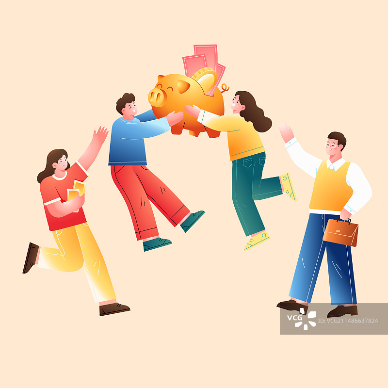 卡通借钱贷款信用额度储蓄存钱金融理财投资股市经济消费商务商业招商数据信息红包互联网商务渐变矢量插画图片素材