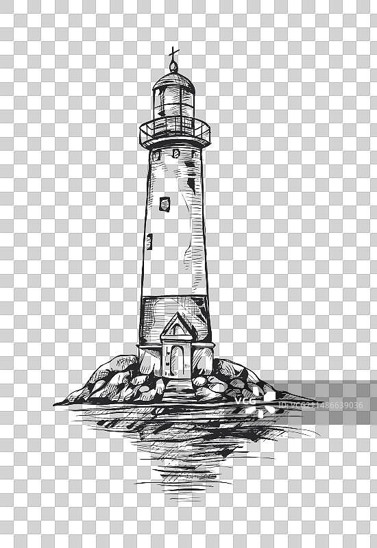 岛上手绘灯塔速写图片素材