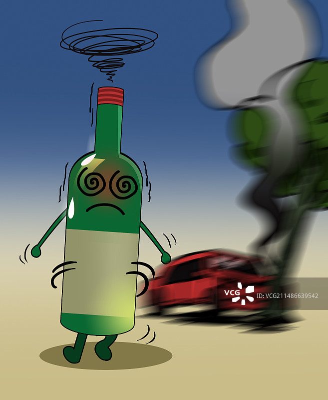 夜晚晚上公司聚餐聚会团聚喝酒饮酒酗酒酒后驾驶行驶开车交通事故撞车危险危害安全插画图片素材