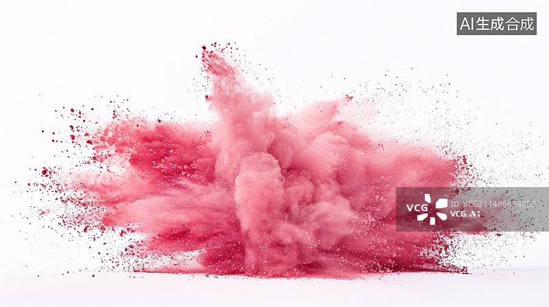 【AI数字艺术】抽象粉尘爆炸，抽象粉红色粉末溅在白色背景上图片素材
