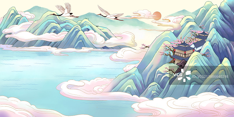 国风山水春天国画千里江山图片素材
