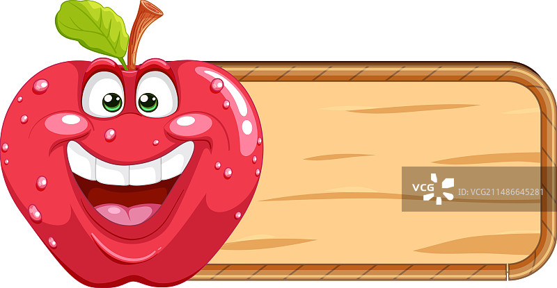 快乐的红苹果卡通形象在木牌旁图片素材