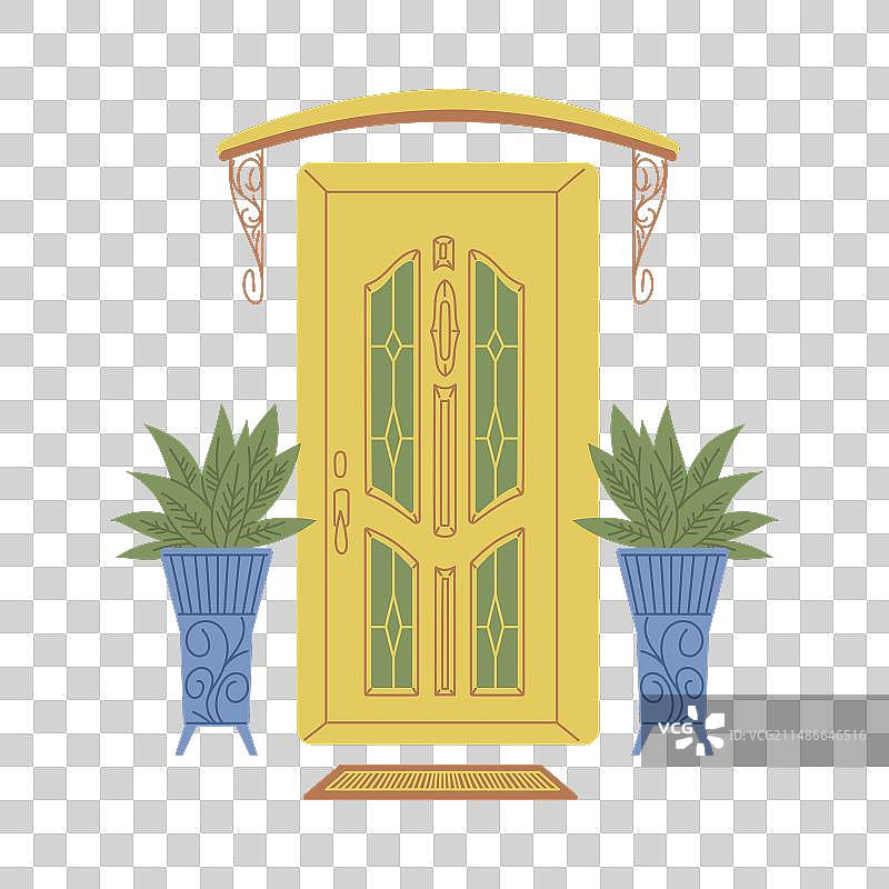 鲜花点缀的古代房屋门口（扁平风格）图片素材