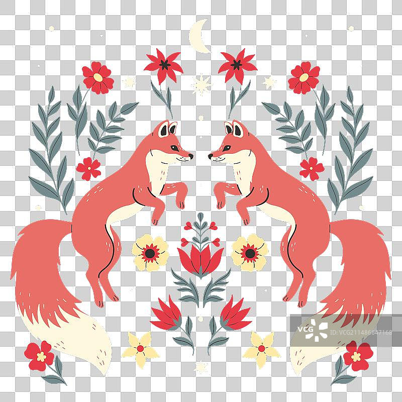 狐狸与花朵的对称构图图片素材