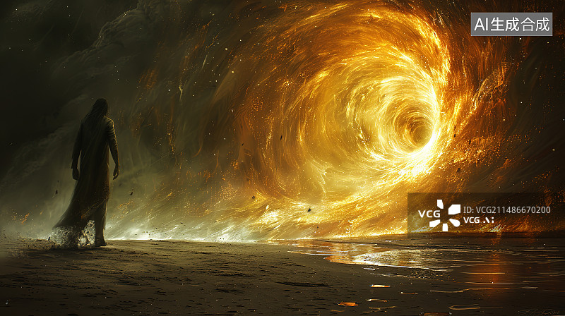 【AI数字艺术】晚上站在海滩上的人的剪影图片素材