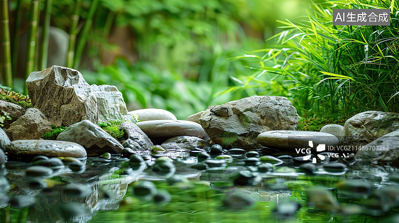 【AI数字艺术】湖边岩石上的苔藓特写图片素材