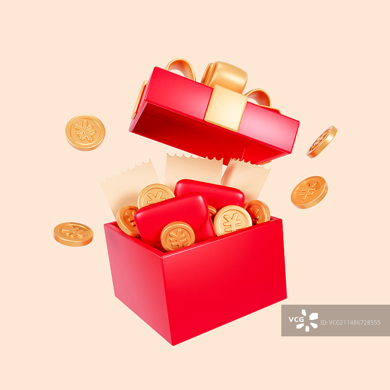 3D渲染的打开的红色礼盒红包金币优惠券礼物电商购物促销元素插画图片素材