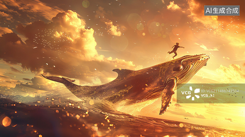 【AI数字艺术】日落时在天空中跳跃的人的剪影图片素材