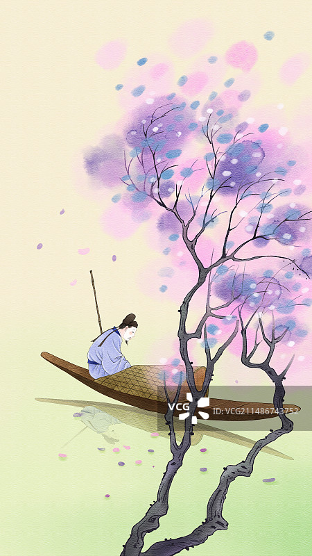 春花江畔旅人小舟图片素材