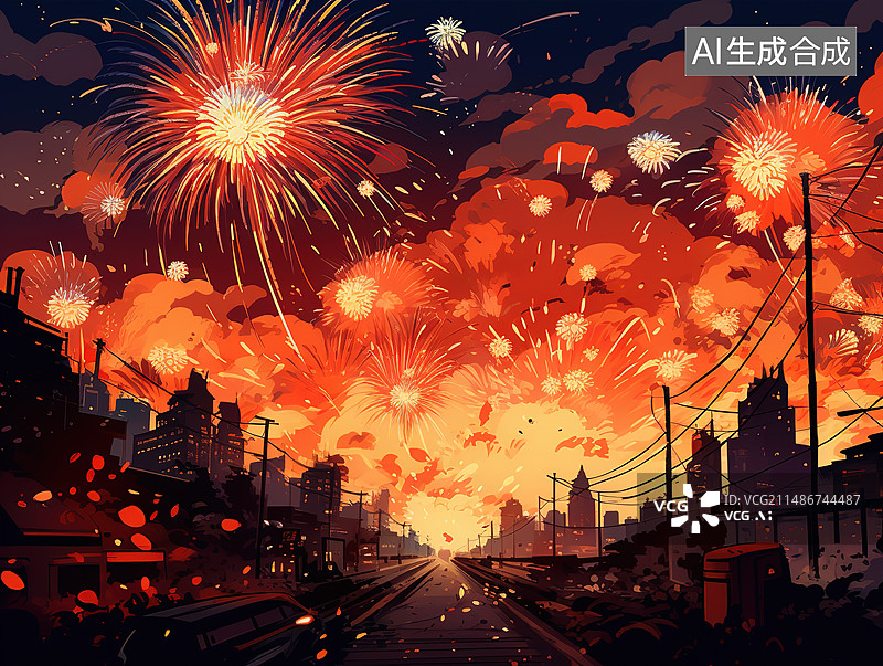 【AI数字艺术】城市风光烟花表演图片素材