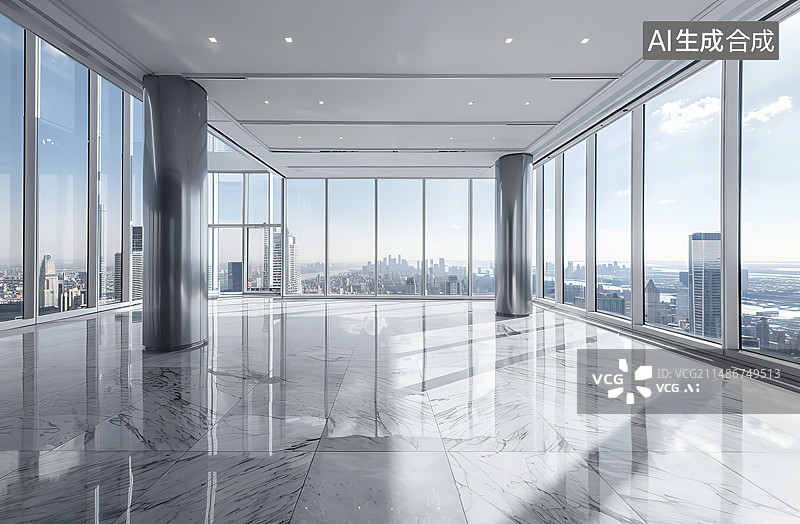 【AI数字艺术】从空置办公楼内看城市风光图片素材