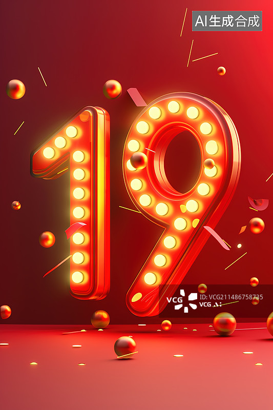 【AI数字艺术】喜庆节日氛围数字19红色背景，十九周年庆纪念日数字素材图片素材