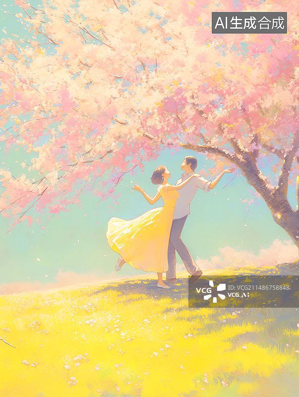 【AI数字艺术】樱花树下跳舞的情侣图片素材