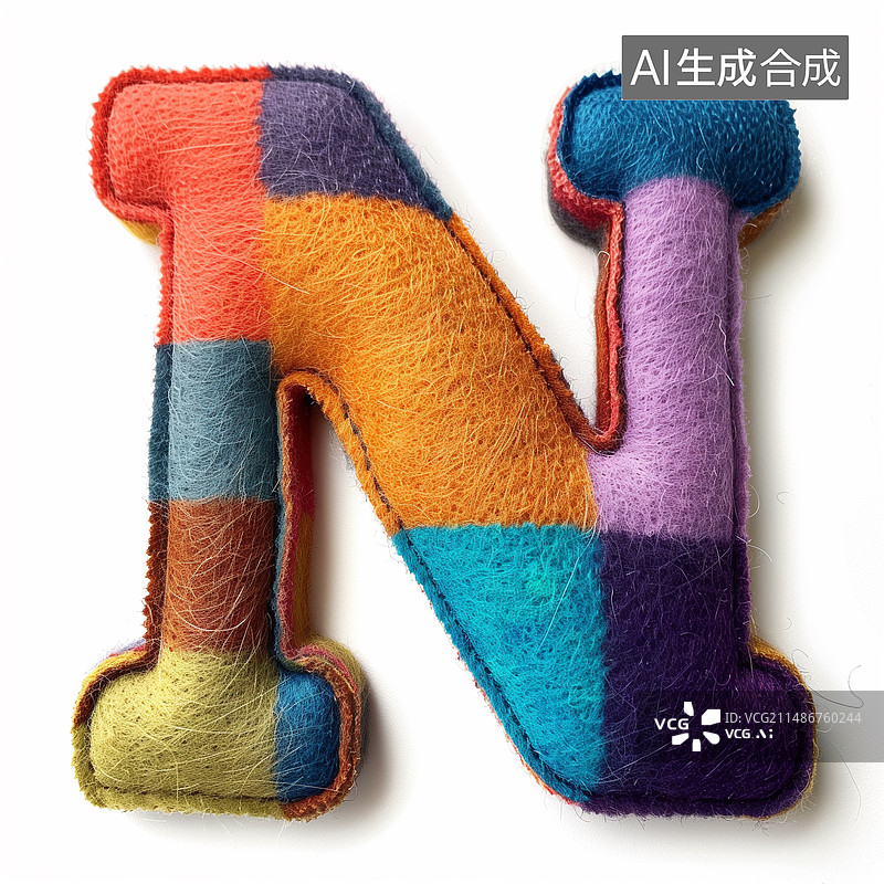 【AI数字艺术】N,毛毡字母，可爱，卡通，玩具，3D，彩色，插图，插画，模版，海报，元素，白色，彩色，柔软，趣味图片素材