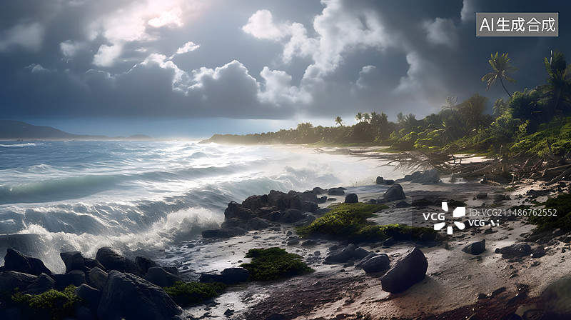 【AI数字艺术】AIGC:台风，热带风暴，暴风雨，乌云，季候风，天气预报 棕榈树 雨季背景插图插画图片素材