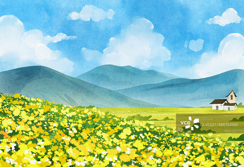 手绘水彩春分油菜花风景治愈系背景图片素材