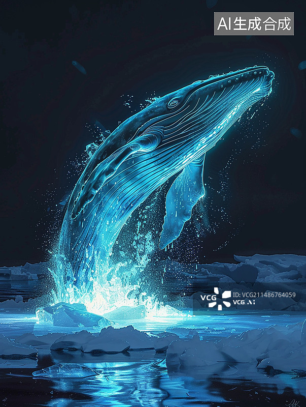 【AI数字艺术】梦幻插画——夜空中跃起的鲸鱼发出梦幻的光芒图片素材