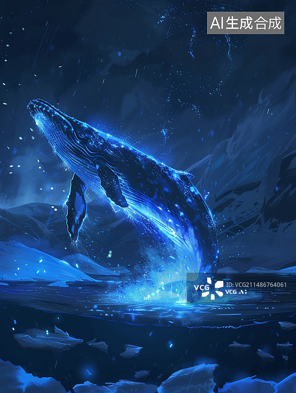 【AI数字艺术】梦幻插画——夜空中跃起的鲸鱼发出梦幻的光芒图片素材