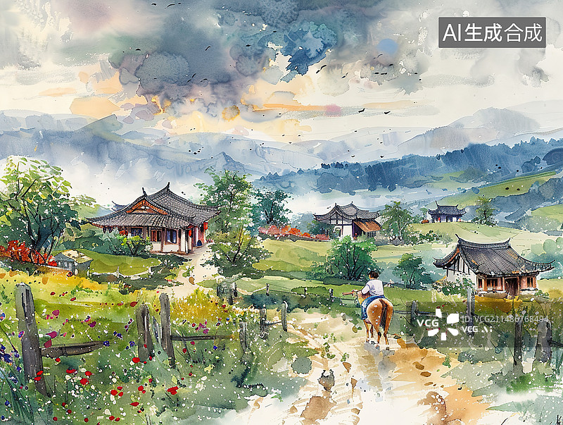 【AI数字艺术】清明节牧童骑黄牛插画图片素材