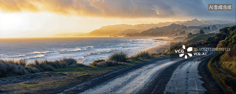【AI数字艺术】海边公路，日落图片素材
